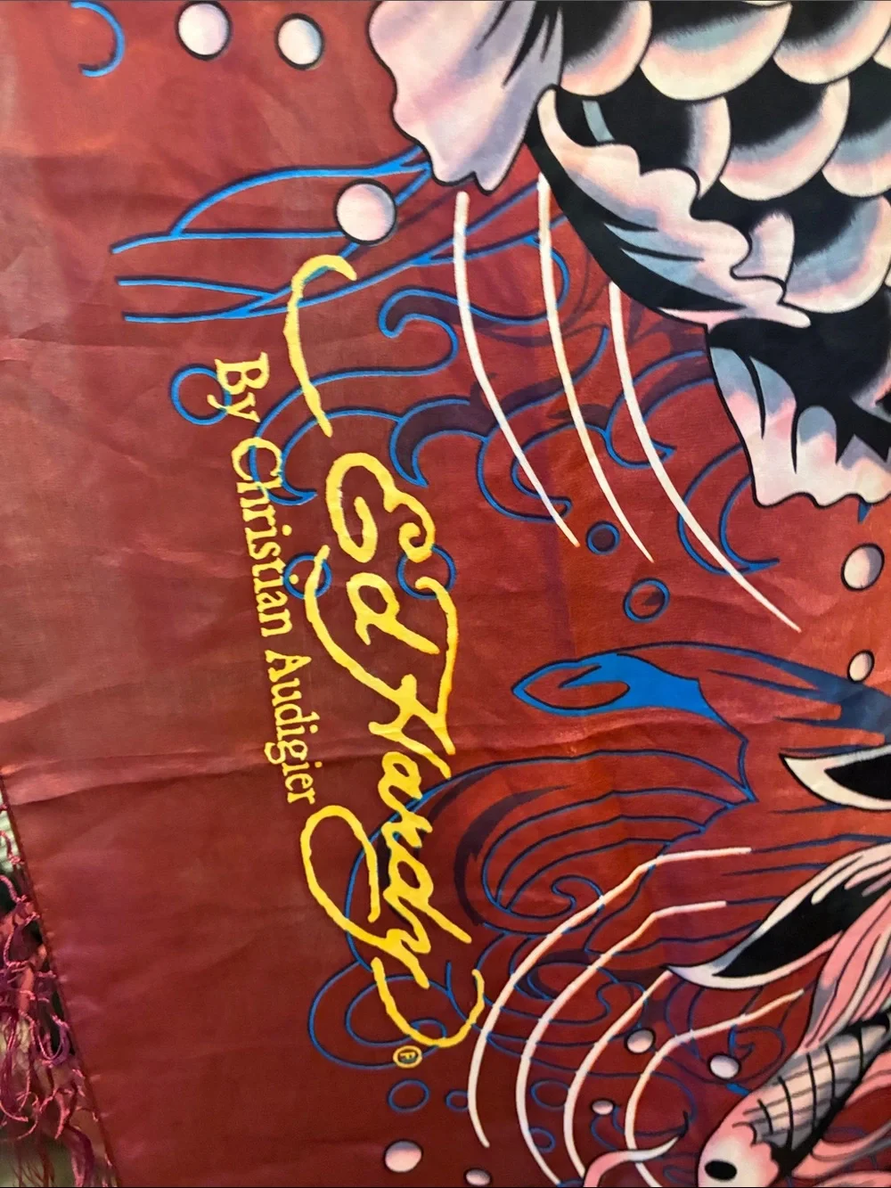Ed Hardy by Christian Audigier 100% silk scarf features w/ koi fish artwork